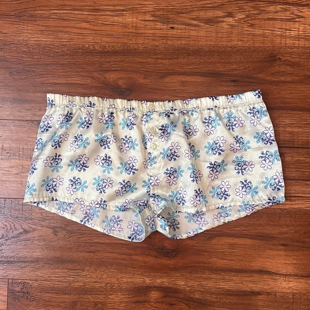 Y2K Satin Low Rise Pastel Blue Floral Shorts Women M Coquette Cottagecore Boho